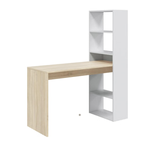 Scrivania Denton, Scrittoio multifunzione reversibile con libreria a 5 ripiani, Tavolo da studio o ufficio porta PC portalibri, cm 120x53h144, Bianco e Rovere