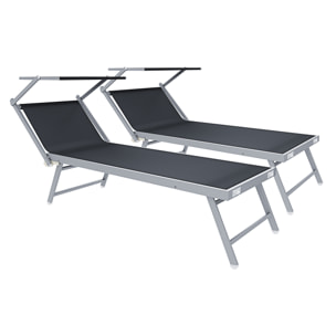 Coppia Di Lettini Prendisole Pieghevole Professionale in Alluminio Tessuto Textilene Tettuccio Parasole Sdraio Mare Spiaggia 182x60x38 cm Grigio Scuro