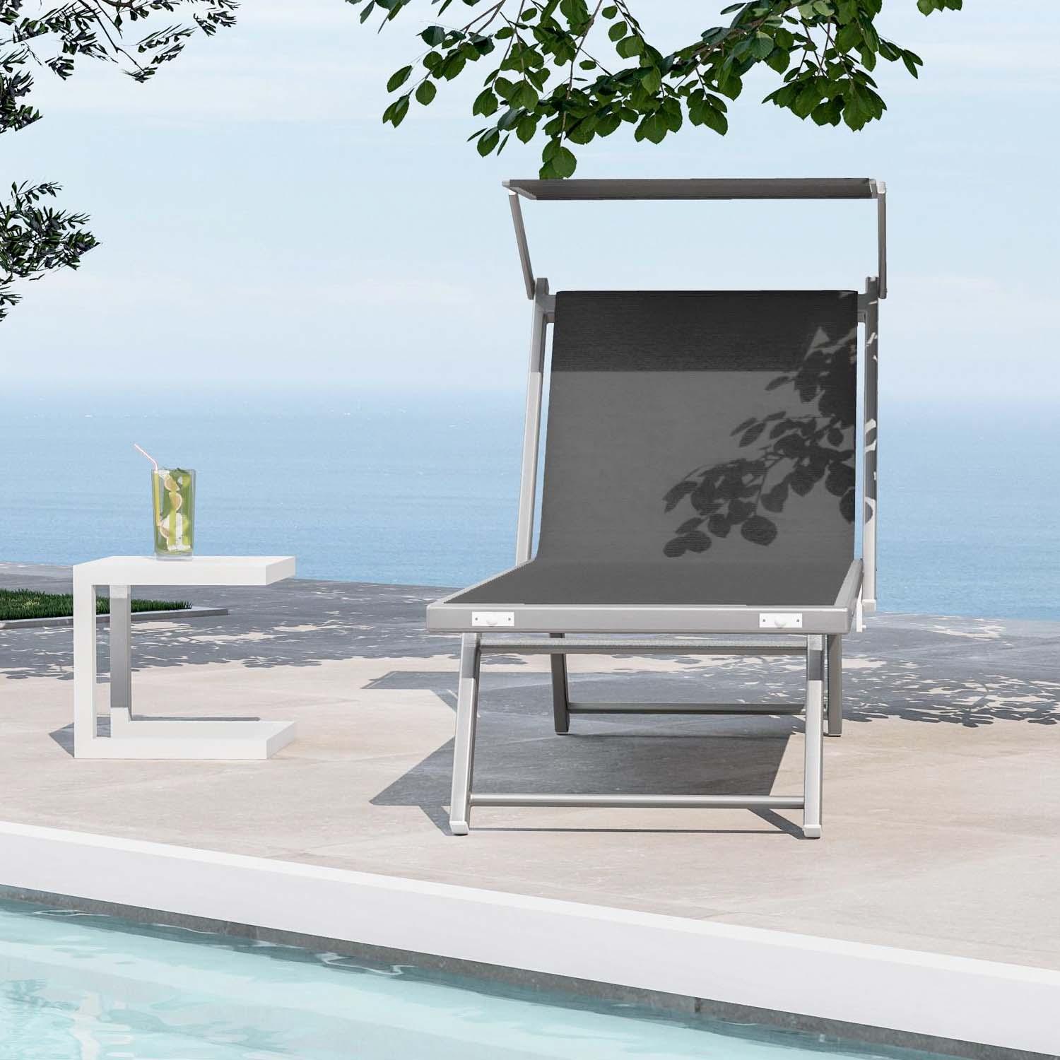 Rimini - Lettino prendisole in alluminio e textilene con schienale reclinabile e tettuccio parasole orientabile. Lettino da spiaggia, giardino o bordo piscina grigio 180x60xH38 cm