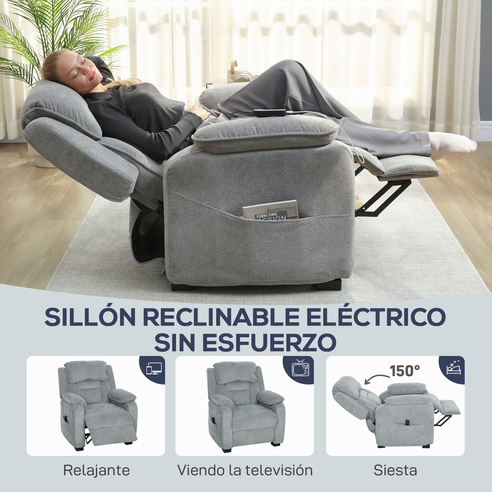 Sillón Relax Reclinable Eléctrico con Motor Silencioso, Sillón Reclinable de Terciopelo con Mando con 2 Posiciones de Memoria, Reposapiés, Reposacabezas, Puerto USB, Bolsillos, Gris Claro