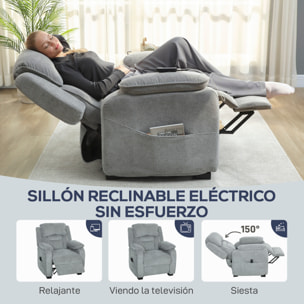 Sillón Relax Reclinable Eléctrico con Motor Silencioso, Sillón Reclinable de Terciopelo con Mando con 2 Posiciones de Memoria, Reposapiés, Reposacabezas, Puerto USB, Bolsillos, Gris Claro