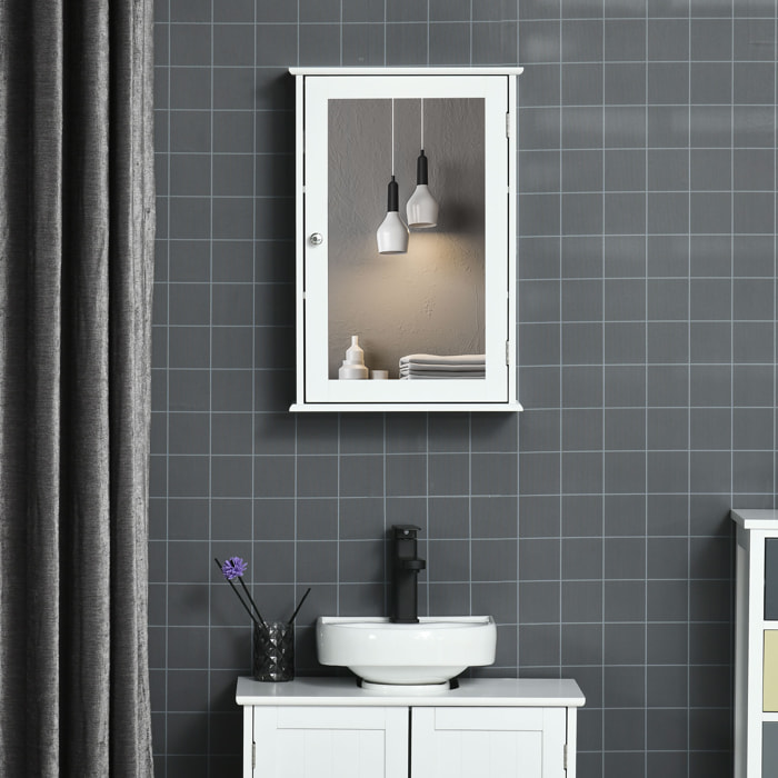 Armoire murale de salle de bain avec miroir - armoire à glace - placard de rangement toilettes - 1 porte, 2 étagères - verre MDF blanc