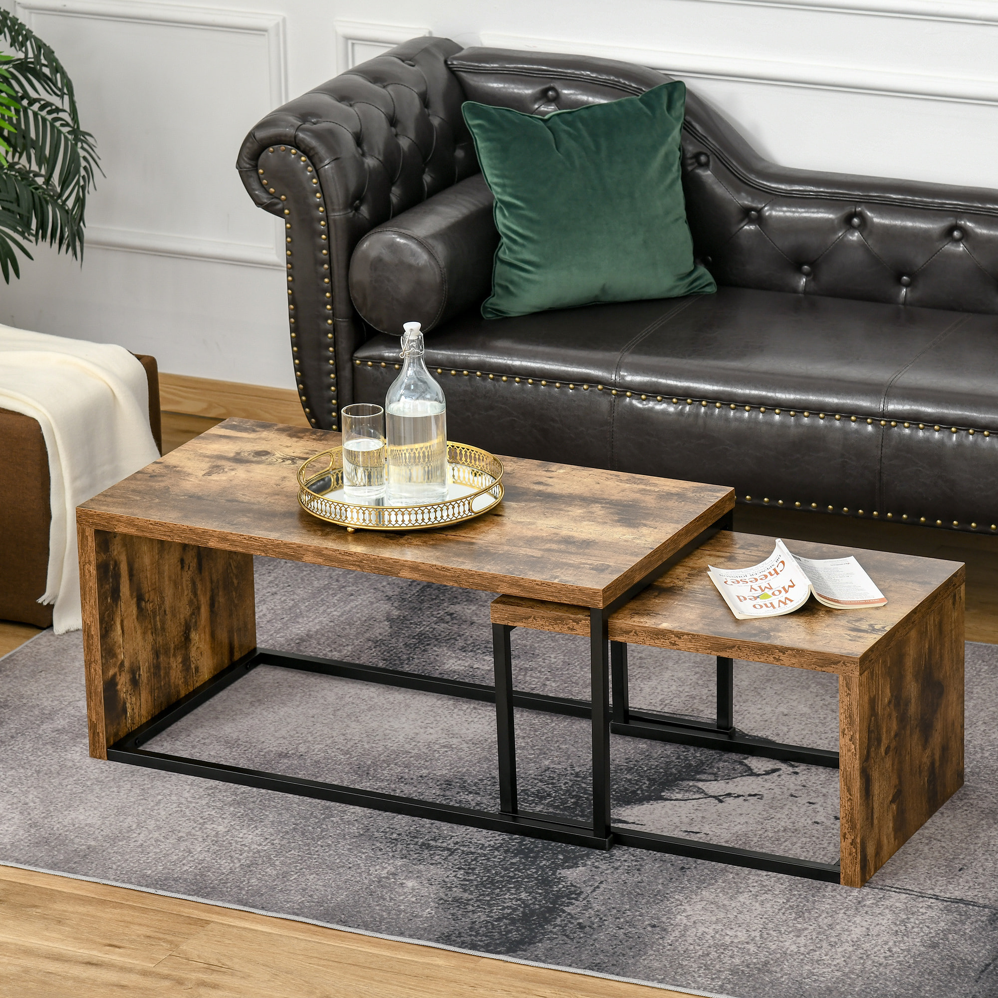 Lot de 2 tables basses gigognes design industriel encastrable dim. grande table 90L x 48l x 42H cm métal noir aspect vieux bois
