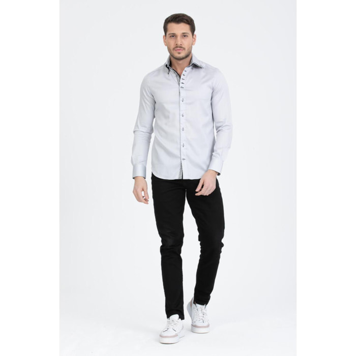 Camicia Uomo 2 Bottoni Button Down 7bottoni Doppio Coll Satin Unito Grigio