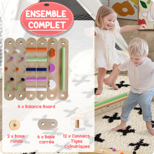 Poutre d'équilibre enfant en bois - pierres d'obstacle colorées - intérieur extérieur