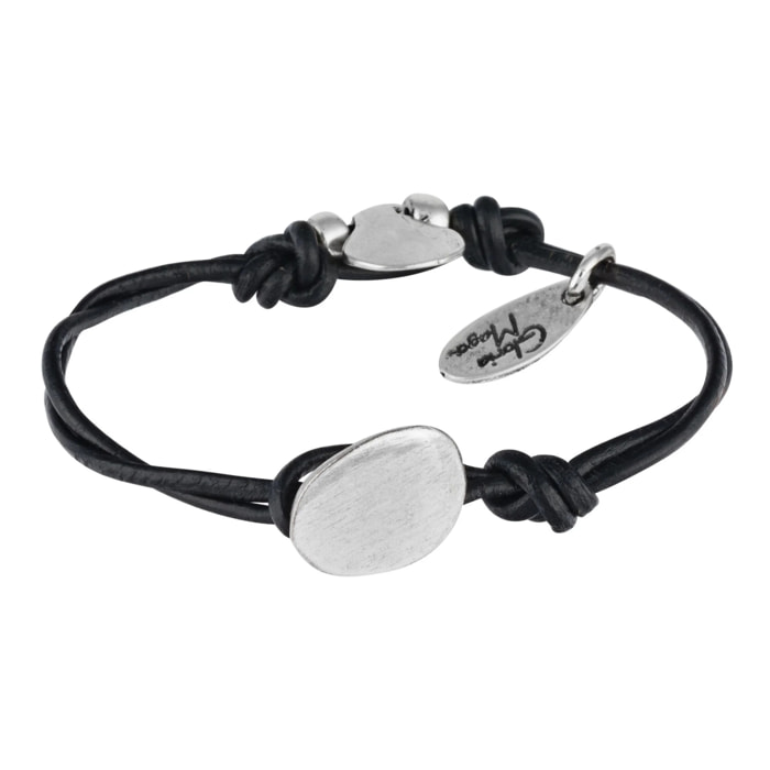 Pulsera cuero negro "Basic" plata chapado