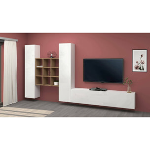 Parete attrezzata Denis, Set salotto porta TV a 3 ante, Mobile soggiorno multiuso, 100% Made in Italy, cm 270x30h180, Bianco lucido e Acero