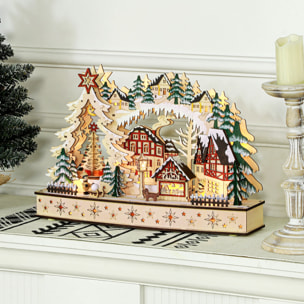 Village de Noël lumineux animé en bois - 20 LED - dim. 45L x 12l x 30H cm