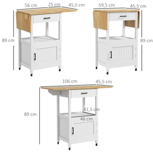 Desserte de cuisine extensible sur roulettes - porte, niche, tiroir - rallonges bois hévéa verni MDF blanc