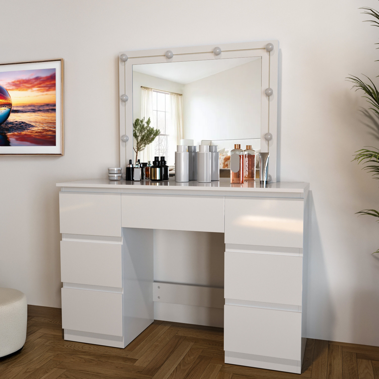 Toeletta Tavolino Da Trucco Tavolo 10 Luci LED Luminosità Regolabile Specchio Orizzontale Con 7 Cassetti Postazione Make Up 39.5x110x140.5 Cm Bianco