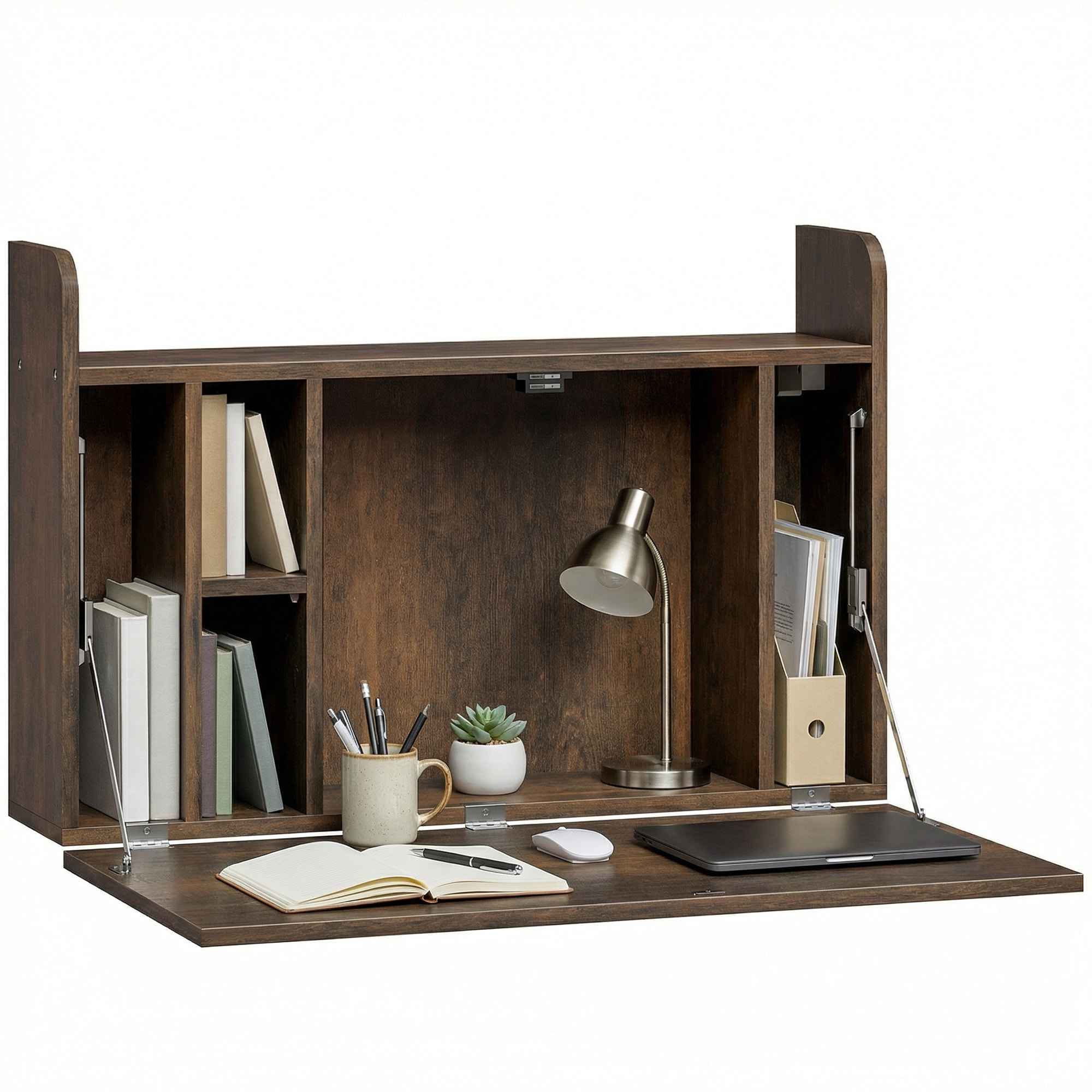 Bureau mural pliable - table murale rabattable - 5 niches, étagère - effet bois vieilli