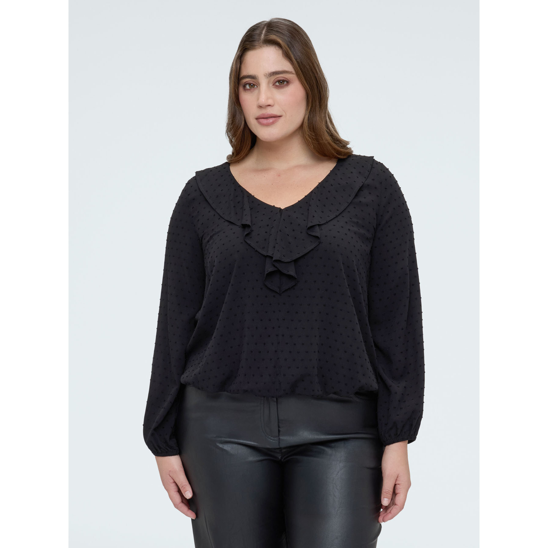 Fiorella Rubino - Blusa in plumetis a pois con volant - Nero
