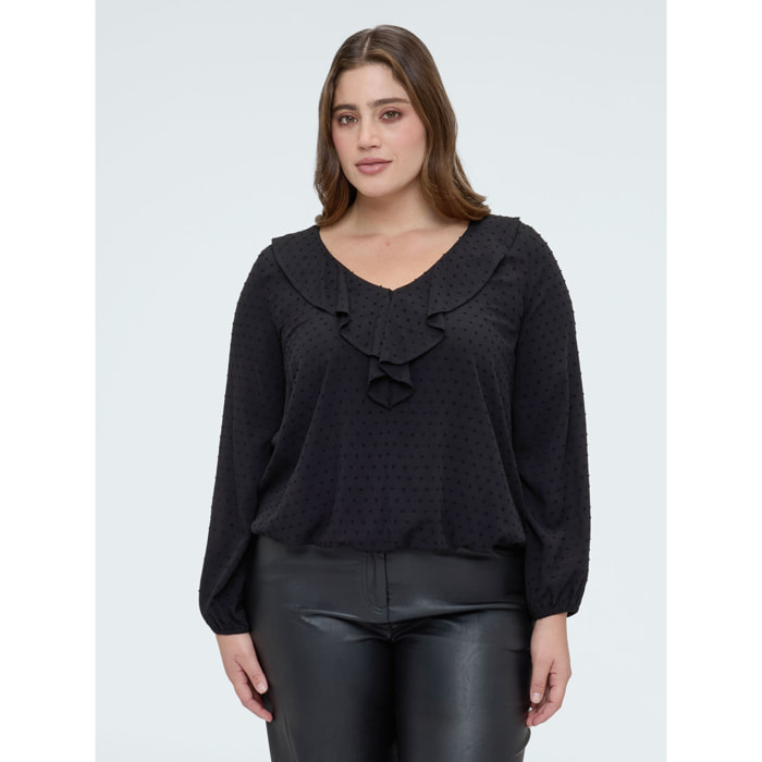 Fiorella Rubino - Blusa in plumetis a pois con volant - Nero