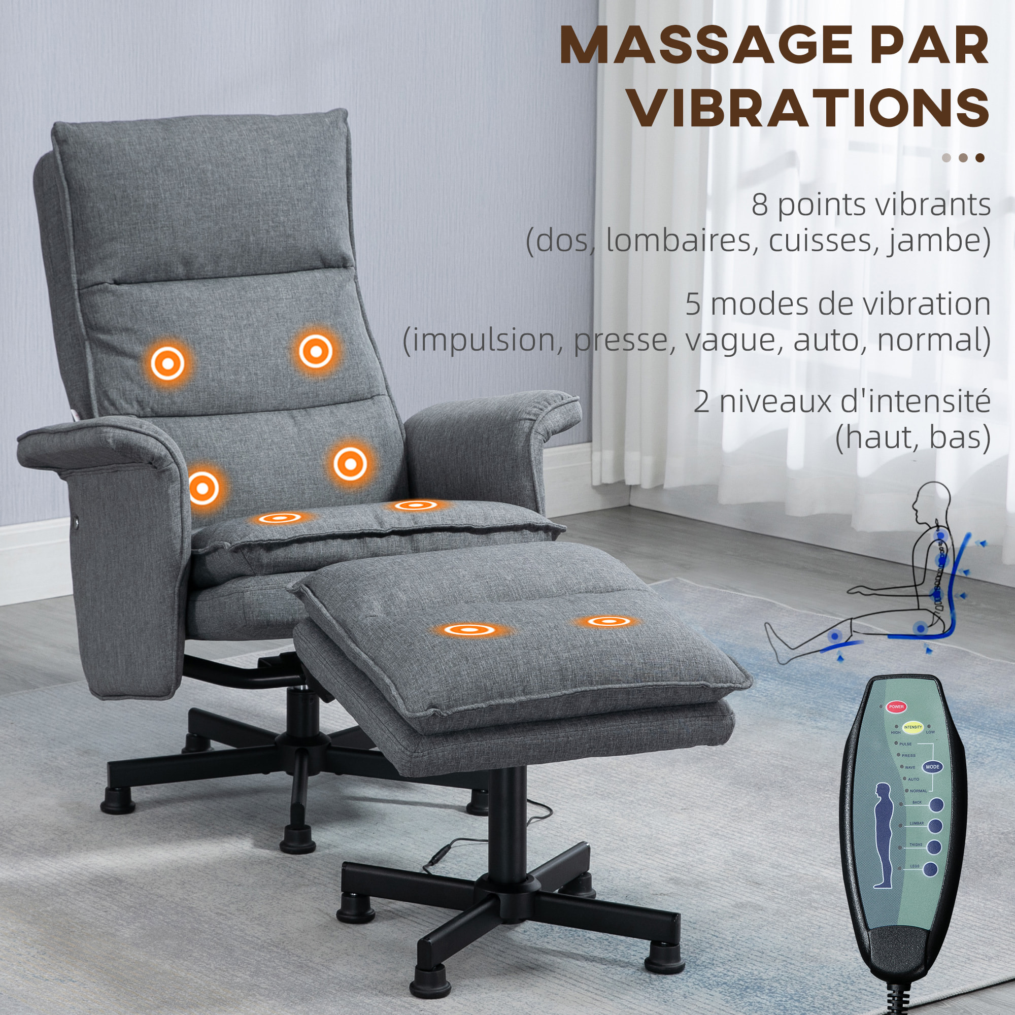 Fauteuil de massage avec repose-pied - style néo-rétro - châssis acier noir aspect lin gris