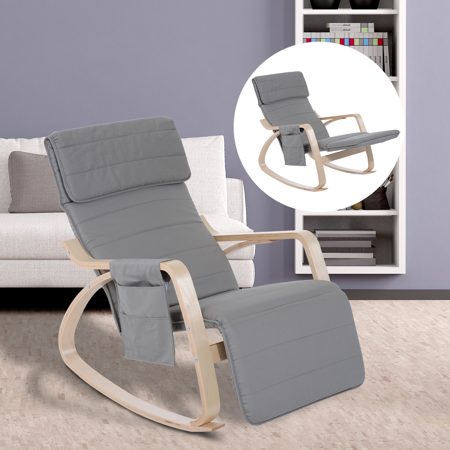 Fauteuil à bascule - fauteuil relax repose-pied réglable, poche rangement, tétière - bois tissu gris
