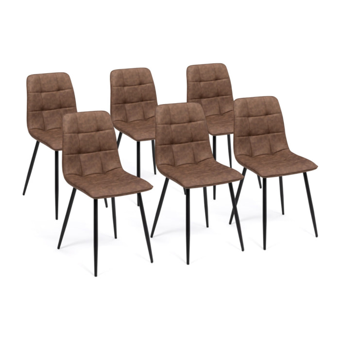 Chaises Linda imitation cuir marron et pieds métal noirs - lot de 6