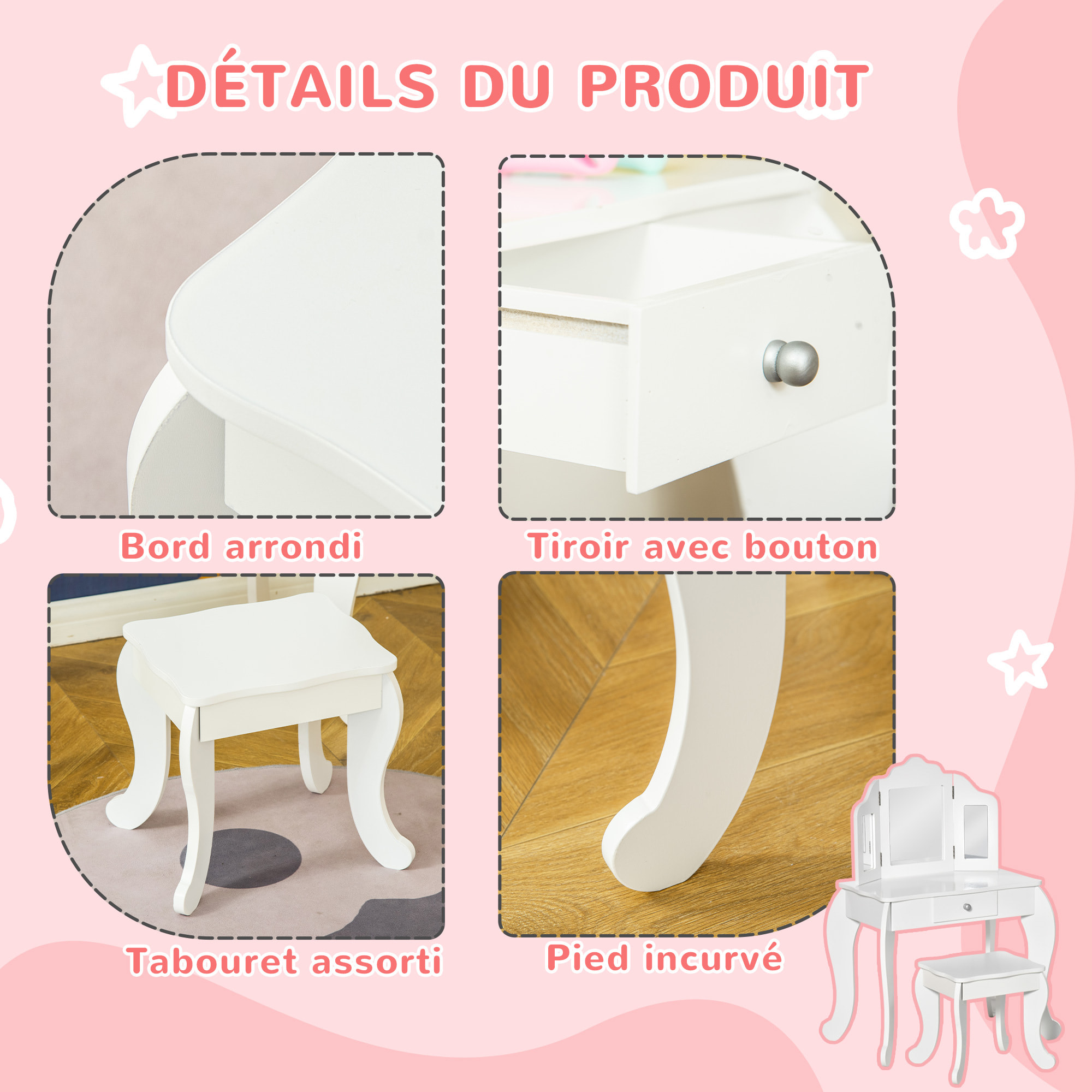 Coiffeuse enfant avec tabouret, miroir triptyque et tiroir coulissant - coiffeuse dim. 63L x 40l x 85,5H cm - MDF blanc acrylique