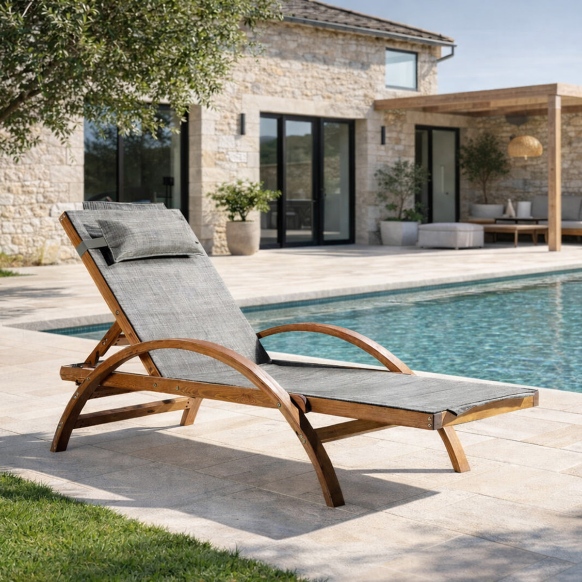 Transat en bois et toile PVC gris olive ACATE