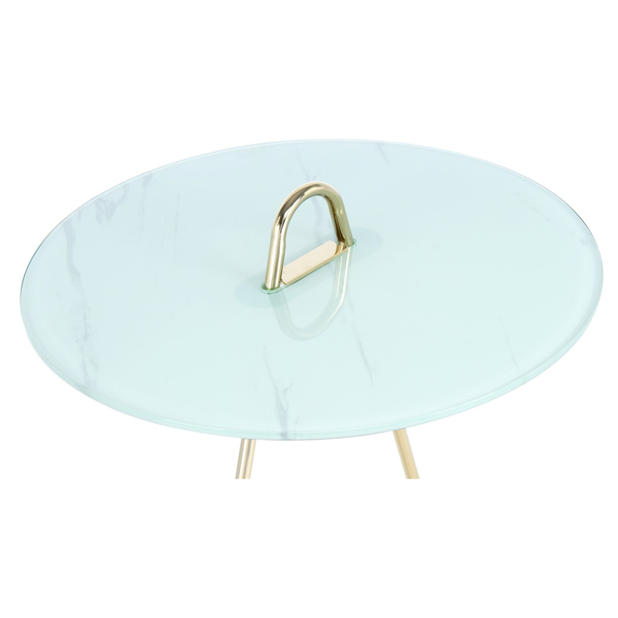 Tavolino Pendulum in Acciaio Oro e Vetro Marmo Bianco