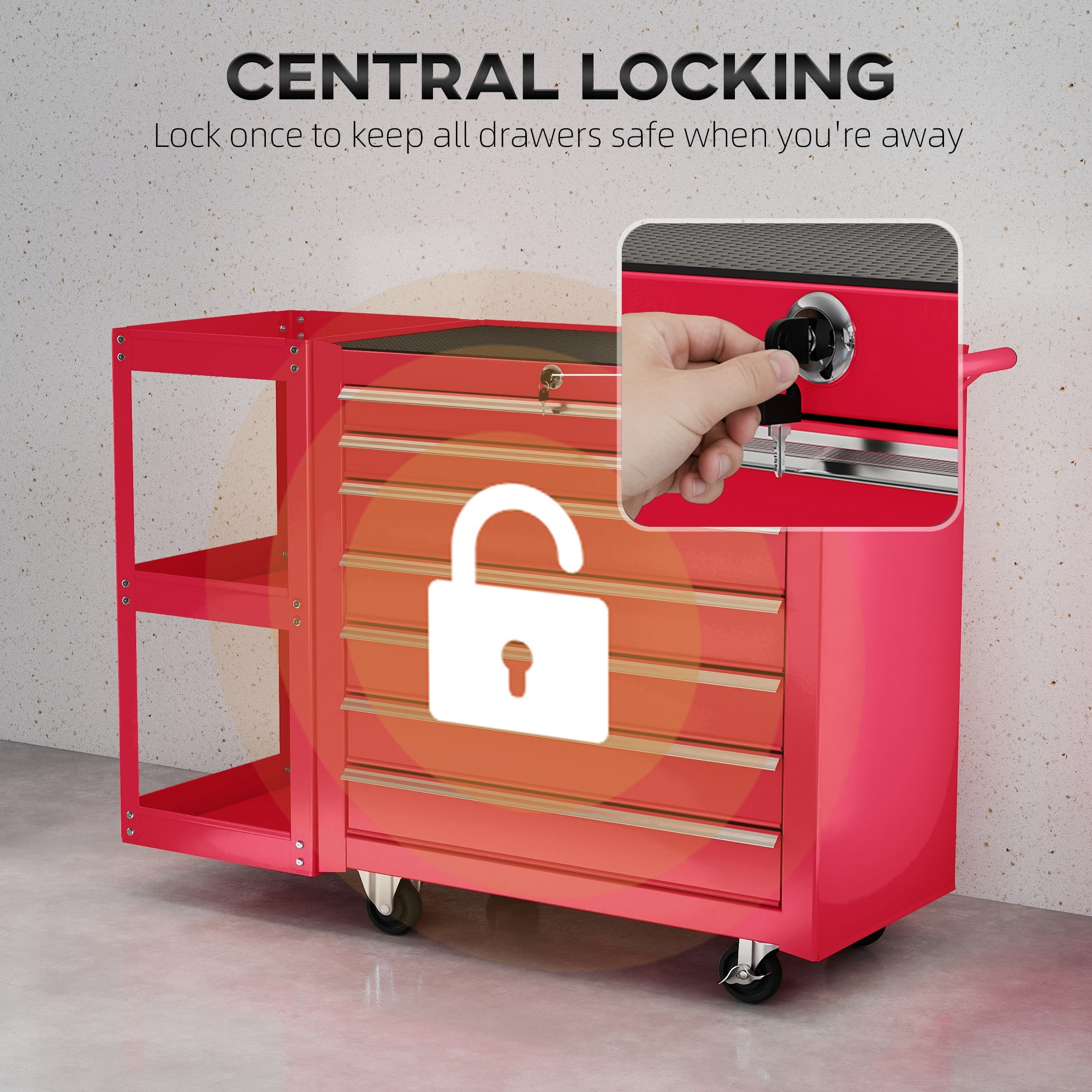 Carro de Herramientas con 7 Cajones, Carro de Taller con Estantería de 3 Niveles Desmontable, Sistema de Cierre Central, Asa, 2 Ruedas con Freno de Bloqueo, Rojo