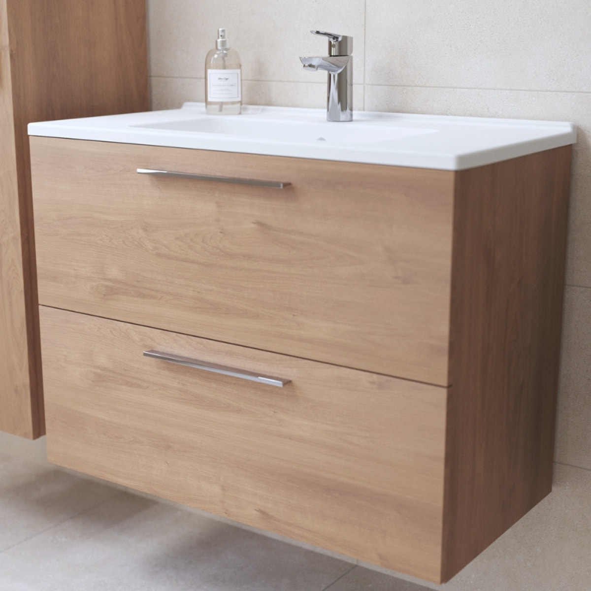 Mia ensemble meuble 79x61x39,5 cm avec miroir, lavabo et éclairage LED, Chêne (MIASET80D)