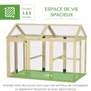 Enclos poulailler chenil 1,23 m² - parc grillagé dim 140L x 88,5l x 106H cm - 2 portes verrouillables - bois sapin