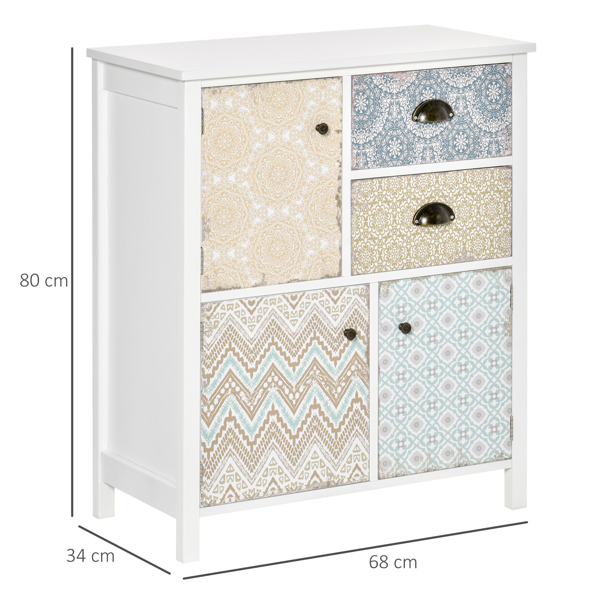 Cómoda con 2 Cajones Cómoda para Dormitorio Estilo Bohemio con 3 Compartimentos Diseño Anti-vuelco para Salón Pasillo 68x34x80 cm Blanco