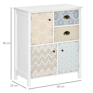 Cómoda con 2 Cajones Cómoda para Dormitorio Estilo Bohemio con 3 Compartimentos Diseño Anti-vuelco para Salón Pasillo 68x34x80 cm Blanco