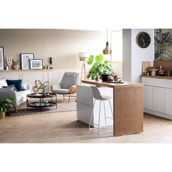 îlot - table de bar modulable avec rangement blanc mat et bois clair chêne L140-165 cm MAX