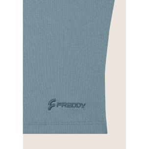 Top a costine stretch con scollo asimmetrico