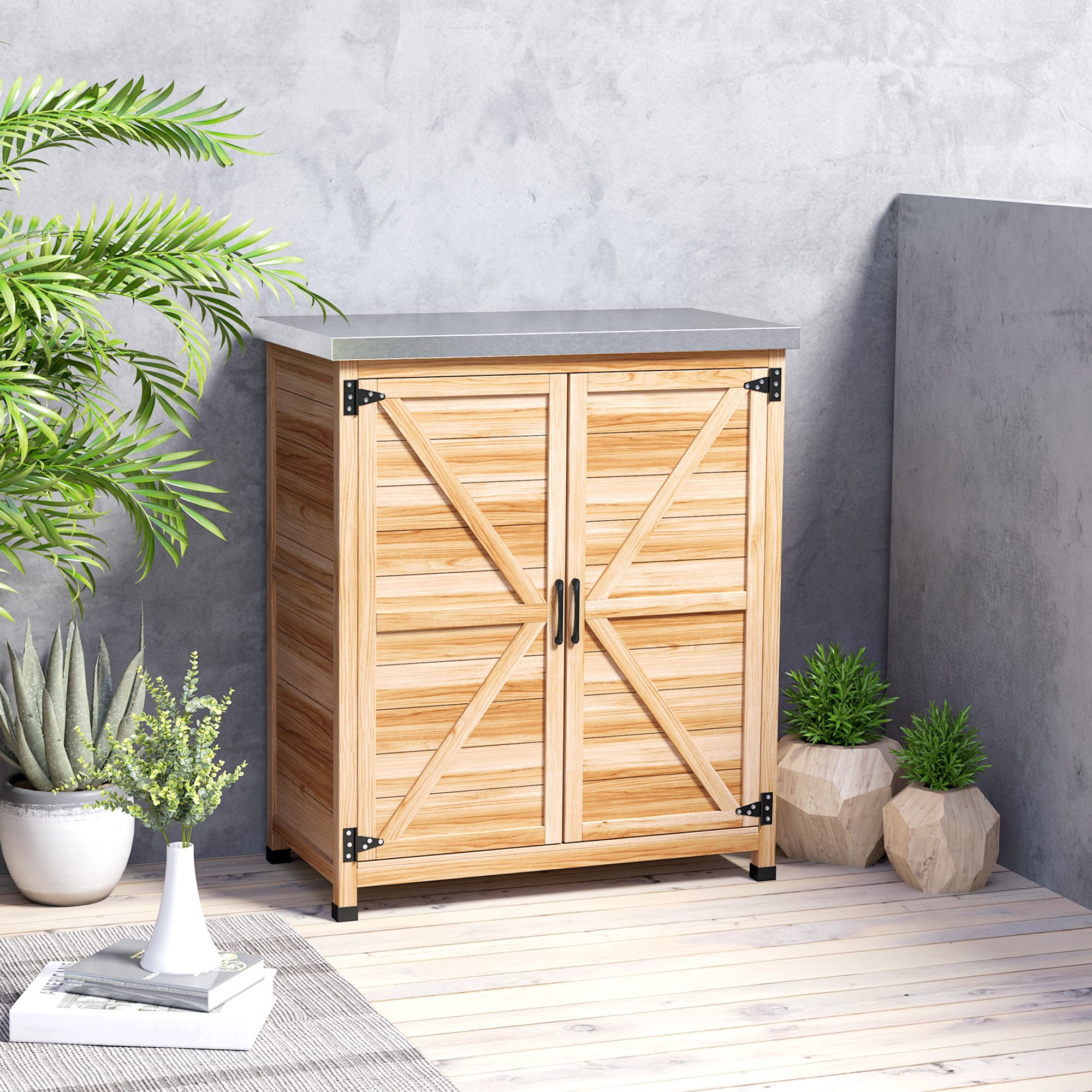 Armario de Exterior de Madera, Caseta de Jardín Exterior con Techo de Acero Galvanizado, Estante, 2 Puertas, Cobertizo de Jardín para Almacenamiento de Herramientas, 79x43x92 cm, Natural