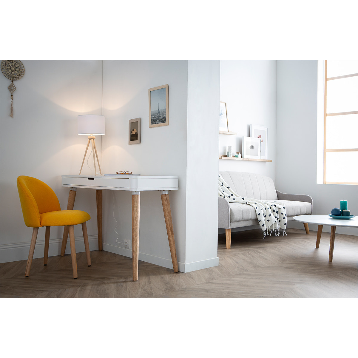 Bureau avec tiroir scandinave blanc et bois clair chêne L115 cm TOTEM
