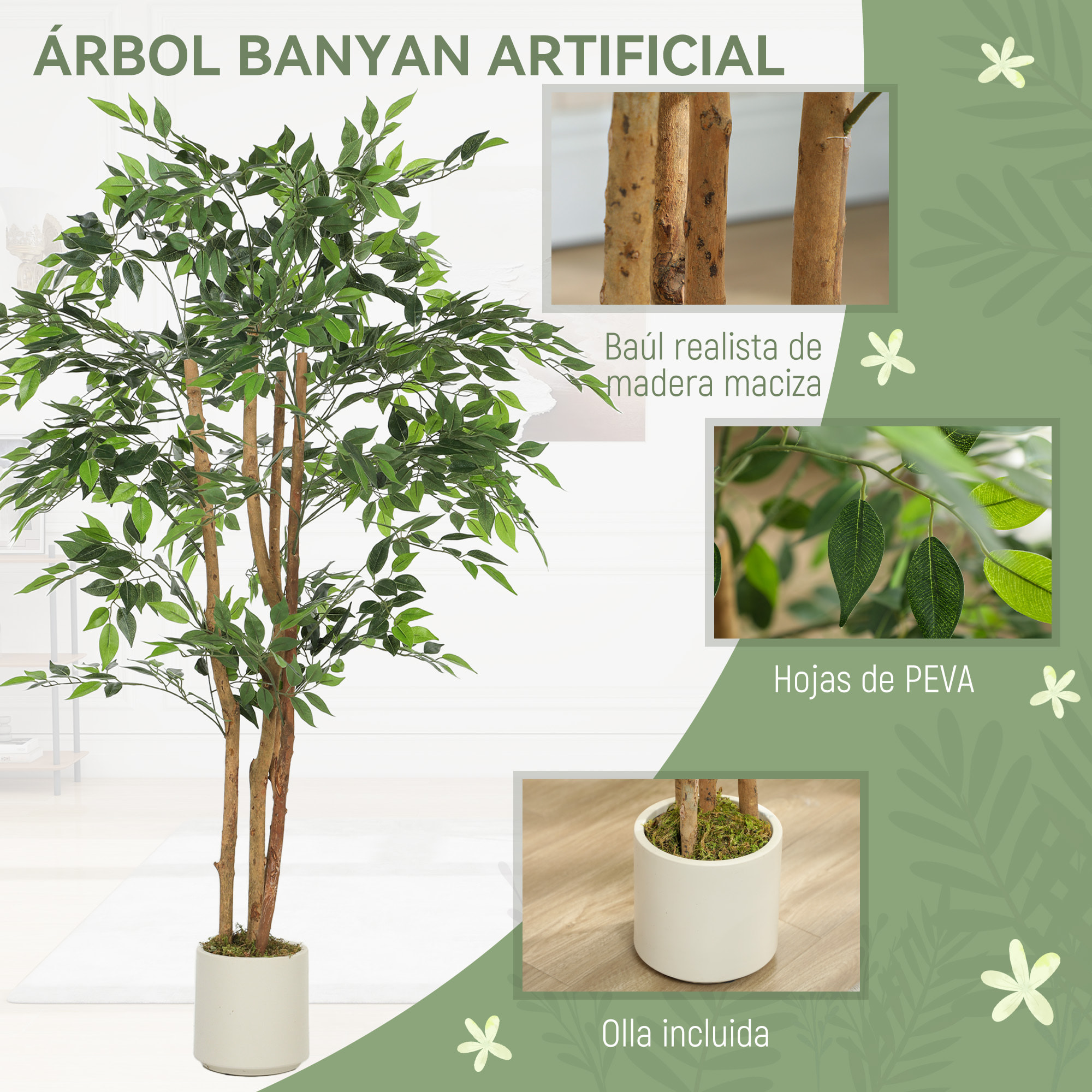 Ficus Artificial 150 cm, con Tronco Natural, Planta Artificial Realista para Interior con Maceta, Decoración para Hogar, Salón, Oficina, 65x65x150 cm, Verde