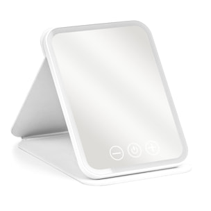 Espejo de maquillaje plegable, con luz led fría, normal y cálida, intensidad regulable. Tamaño compacto.