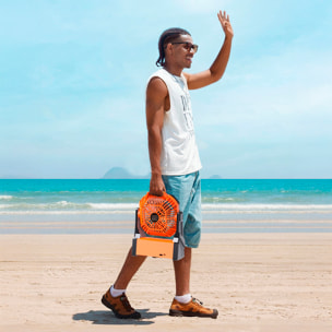 Ventilador A16 con motor sin escobillas, LED con 32 luces, 4 velocidades, 3 niveles de luz y temporizador. Ángulo ajustable de 90º con gancho para colgar y powerbank de 10000 mAh.