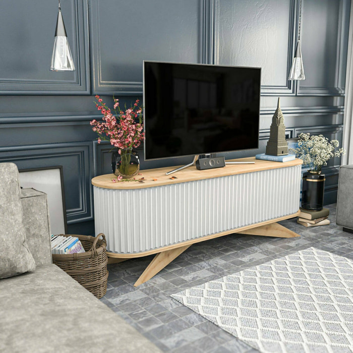 Mobile porta TV Bailu, Credenza da soggiorno, Armadio basso per TV, Base parete attrezzata, 180x43h60 cm, Quercia e Bianco