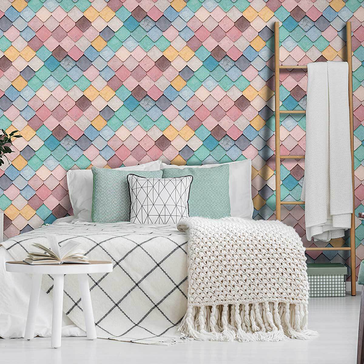Papier peint écailles pastel multicouleur
