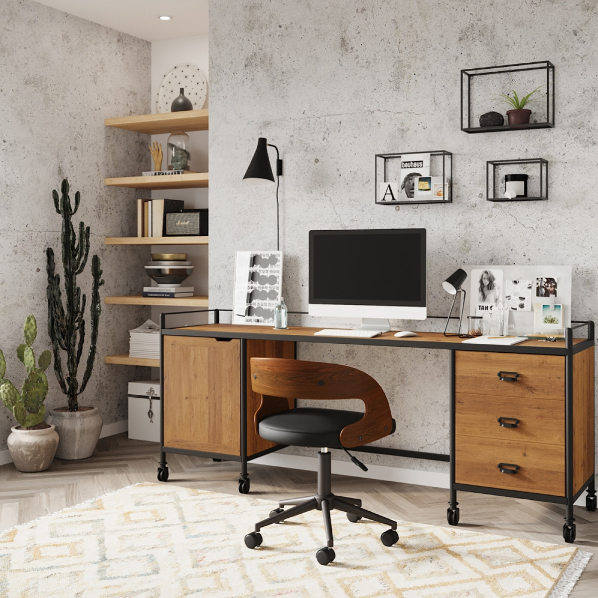 Chaise de bureau pivotante en bois foncé et PU noir - Louis