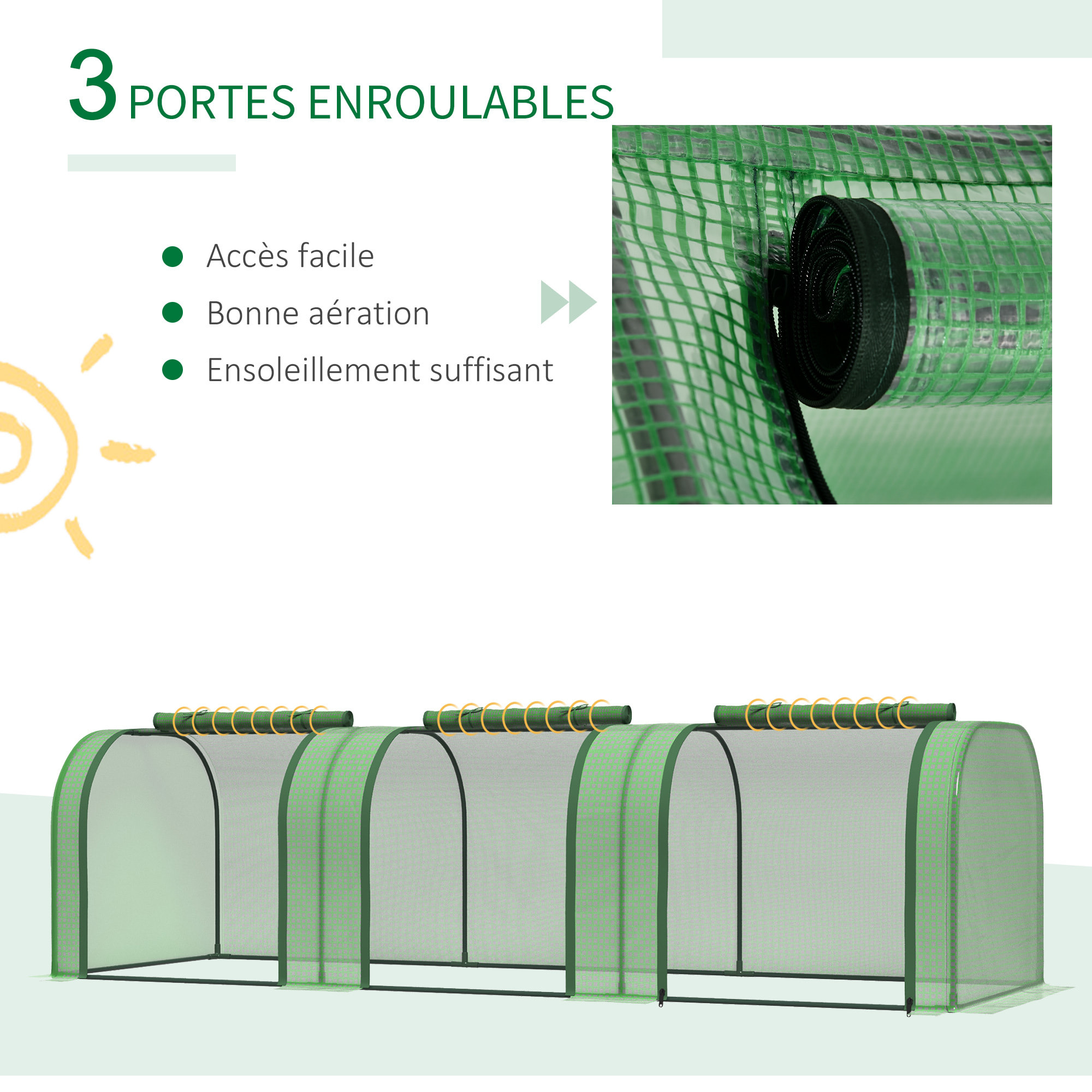 Mini serre de jardin serre à tomates 2,95L x 1l x 0,8H m acier PE haute densité 140 g/m² anti-UV 3 fenêtres zip enroulables vert