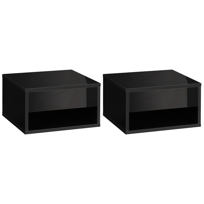 Lot de 2 chevets tables de nuit murales - tiroir coulissant, niche, plateau - dim. 37L x 32l x 21H cm - panneaux noir