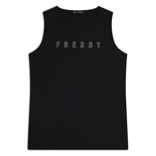 Canotta con scollo tondo e logo glitter