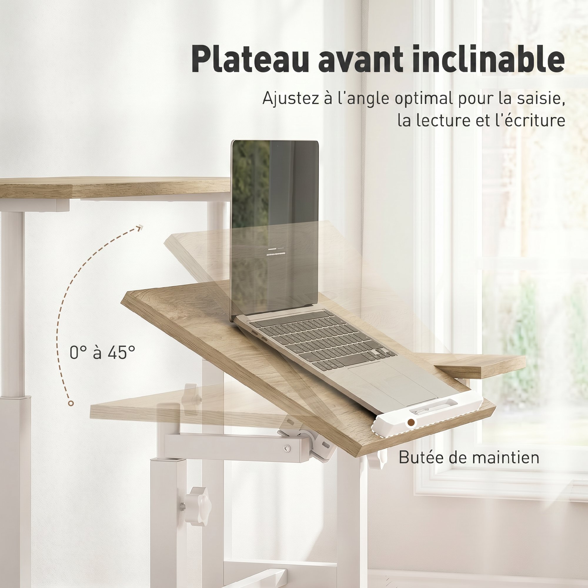 Bureau assis debout inclinable réglable H.70,5-120 cm mobile 3 plateaux métal blanc effet bois clair