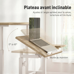Bureau assis debout inclinable réglable H.70,5-120 cm mobile 3 plateaux métal blanc effet bois clair
