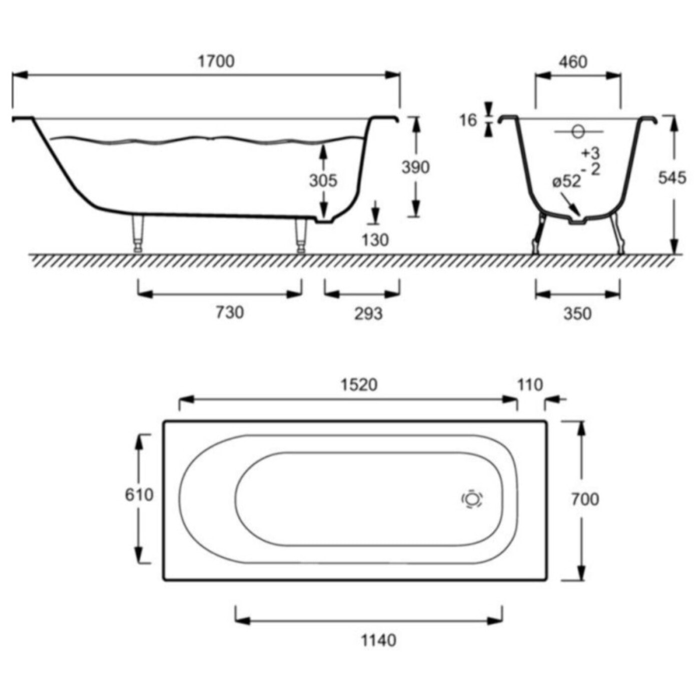 Baignoire droite 170 x 70 Soissons en fonte + pare bain