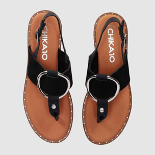 Sandalias de Serraje - Negro - Tacón: Bajo