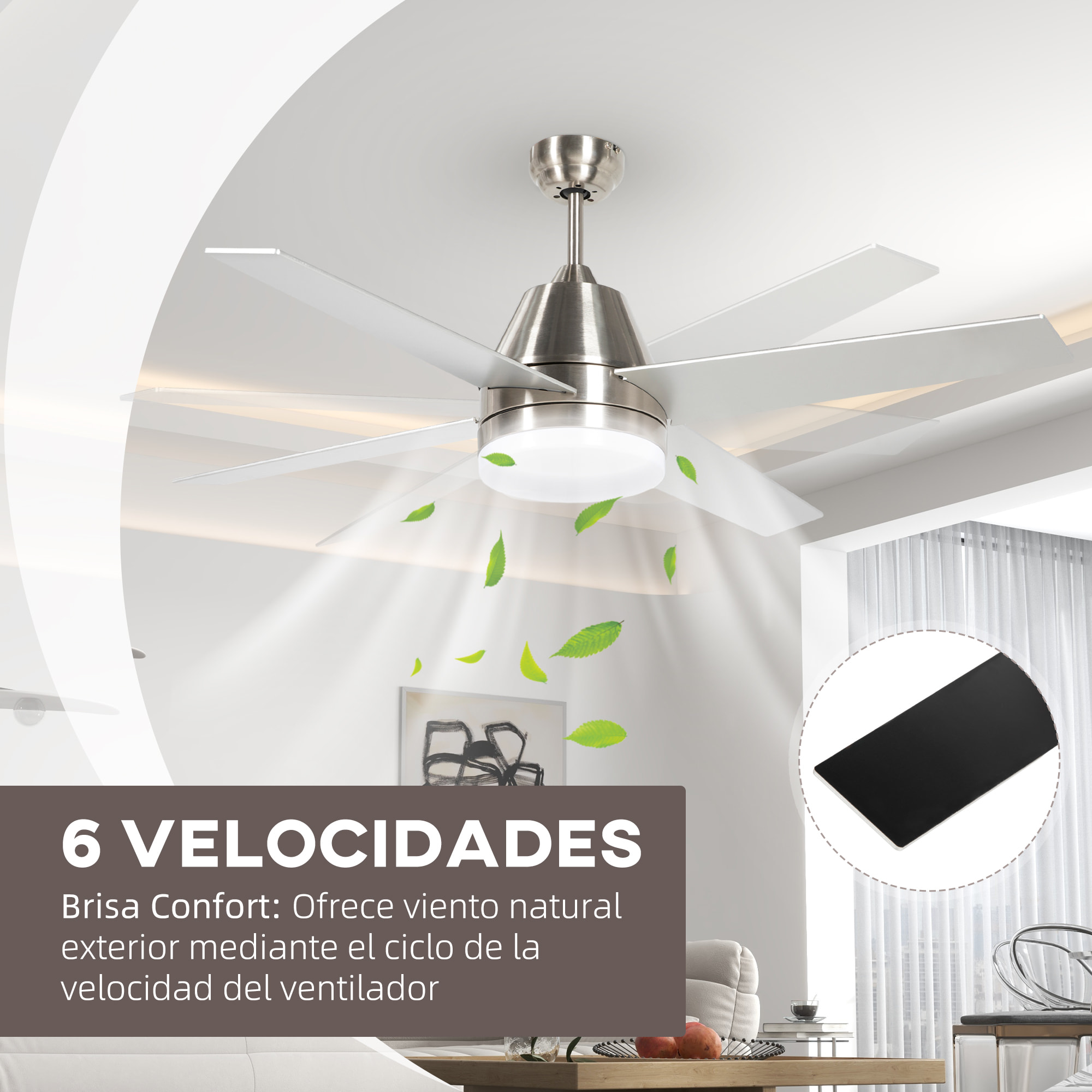 Ventilador de Techo con Luz 46W Ø129 cm Motor DC Ventilador de Techo Silencioso con 4 Aspas Reversibles Mando a Distancia 6 Velocidades y Temporizador para Dormitorio Salón