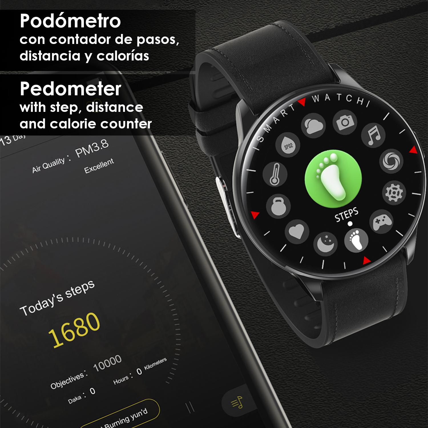 Smartwatch Y90 con 8 modalità sportive, O2 e monitor della pressione sanguigna. Notifiche con messaggio sullo schermo. Cinturino in pelle.