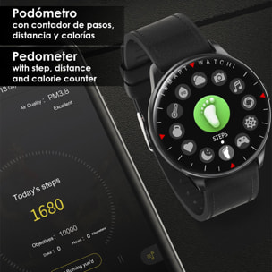 Smartwatch Y90 con 8 modalità sportive, O2 e monitor della pressione sanguigna. Notifiche con messaggio sullo schermo. Cinturino in pelle.