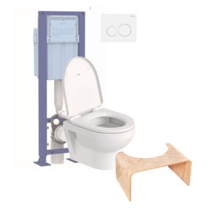 Pack WC suspendu compact sans bride DURAVIT Duravit No.1 abattant + bati support SIAMP + Plaque blanche + tabouret bois