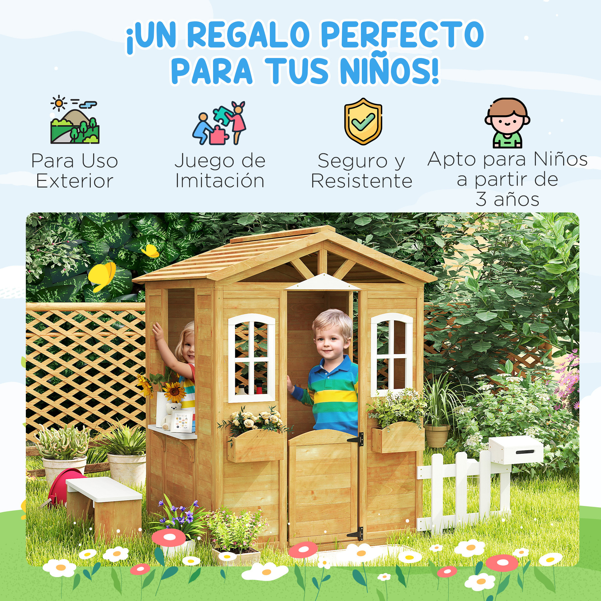 Casita Infantil Exterior de Madera Casita Infantil de Jardín con Buzón Ventanas Jardinera Mostrador y Banco Casa de Juegos para Niños a Partir de 3 Años Natural